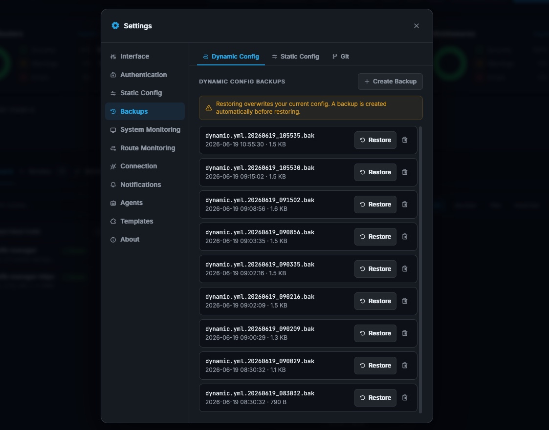 the list of timestamped backups for the dynamic configuration, which can be restored with a single click.