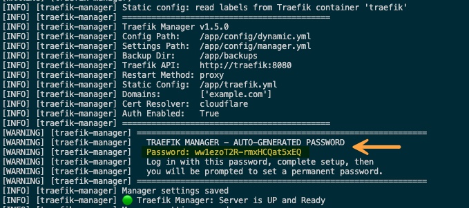 At startup, Traefik Manager logs its configuration and a one-time temporary password for the first login.