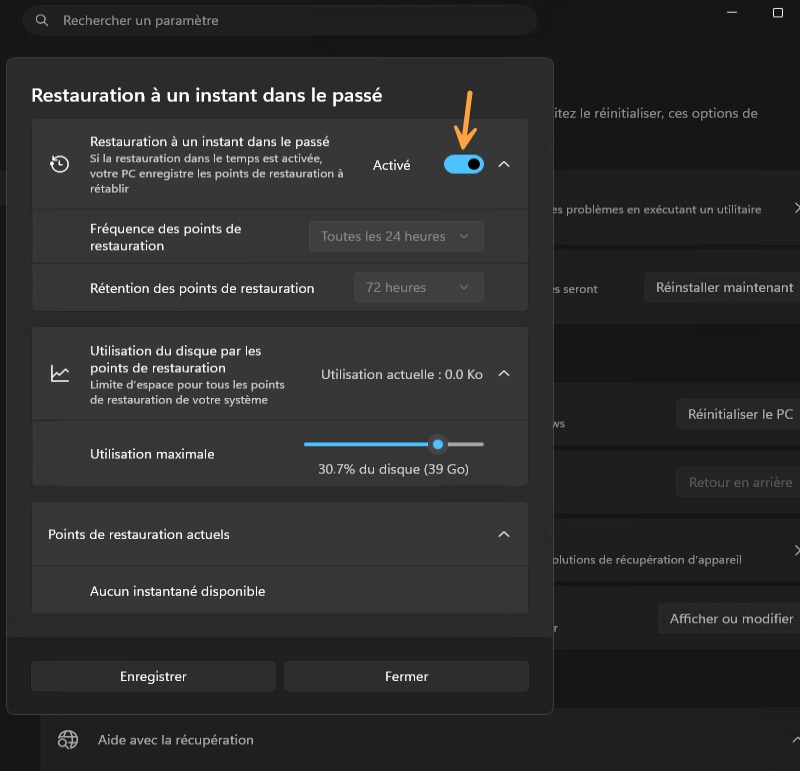Options de fréquence et de rétention de Point-in-time Restore sur Windows 11