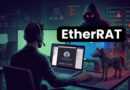 Person wearing a headset at a laptop in a dark cyber lab; neon diagrams glow and an 'EtherRAT' banner across the image.