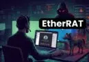 Person wearing a headset at a laptop in a dark cyber lab; neon diagrams glow and an 'EtherRAT' banner across the image.