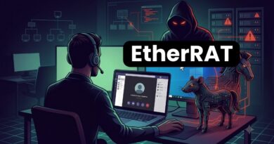 Person wearing a headset at a laptop in a dark cyber lab; neon diagrams glow and an 'EtherRAT' banner across the image.