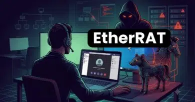 Person wearing a headset at a laptop in a dark cyber lab; neon diagrams glow and an 'EtherRAT' banner across the image.