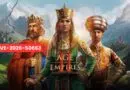 Three rulers in regal attire stand before a mountainous landscape; game title Age of Empires: Definitive Edition centered between them, with a red CVE-2026-50663 label crossing the scene.
