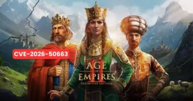 Three rulers in regal attire stand before a mountainous landscape; game title Age of Empires: Definitive Edition centered between them, with a red CVE-2026-50663 label crossing the scene.