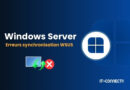 Banner: Windows Server with 'Erreurs synchronisation WSUS' warning and update icons (green arrows and red cross) on blue gradient background, IT-CONNECT logo bottom-right.