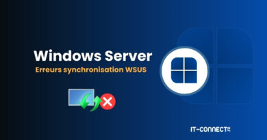 Banner: Windows Server with 'Erreurs synchronisation WSUS' warning and update icons (green arrows and red cross) on blue gradient background, IT-CONNECT logo bottom-right.