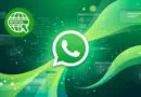 WhatsApp logo centered on a green digital network background, suggesting online messaging and web access