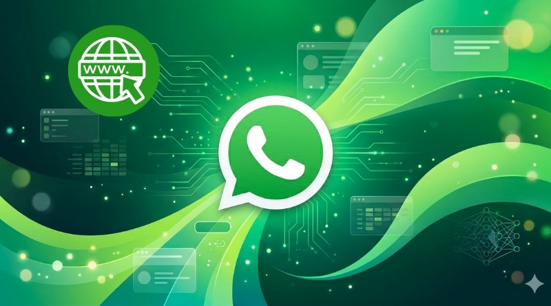 WhatsApp logo centered on a green digital network background, suggesting online messaging and web access