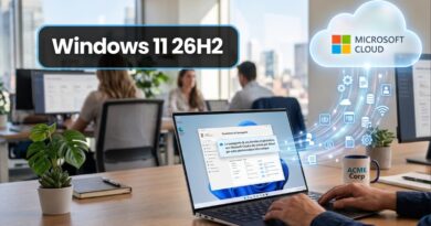 Office desk with a laptop displaying Windows 11 UI; label 'Windows 11 26H2' and a glowing Microsoft Cloud icon on the right.