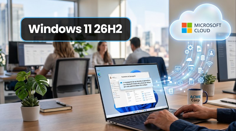 Office desk with a laptop displaying Windows 11 UI; label 'Windows 11 26H2' and a glowing Microsoft Cloud icon on the right.