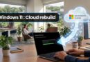 Office workspace with a man on a laptop displaying a 'Windows 11: Cloud rebuild' banner; a Microsoft Cloud graphic hovers nearby.