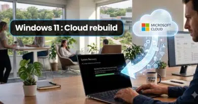 Office workspace with a man on a laptop displaying a 'Windows 11: Cloud rebuild' banner; a Microsoft Cloud graphic hovers nearby.