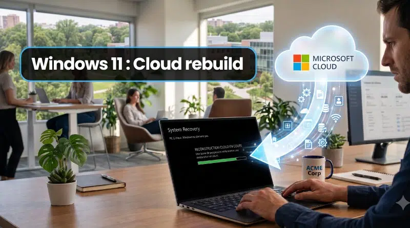 Office workspace with a man on a laptop displaying a 'Windows 11: Cloud rebuild' banner; a Microsoft Cloud graphic hovers nearby.