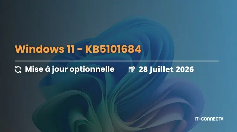 Banner announcing Windows 11 optional update KB5101684 dated 28 July 2026, with IT-Connect watermark on a blue abstract background.