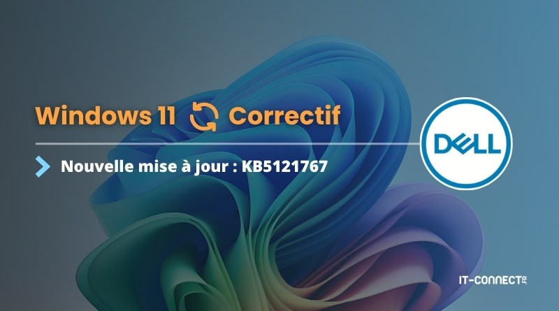 Banner announcing Windows 11 patch KB5121767 with the Dell logo on an abstract blue background.