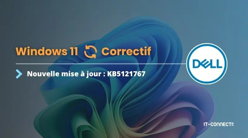 Banner announcing Windows 11 patch KB5121767 with the Dell logo on an abstract blue background.