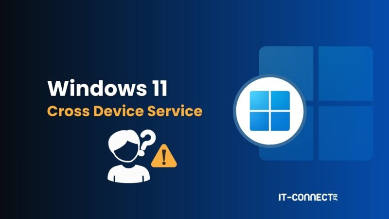 Informational banner about Windows 11 Cross Device Service, with Windows logo on the right and IT-CONNECT branding.