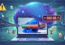Laptop connected to a large neon data cloud with warning icons and a 500 GB storage indicator, conveying data breach risk and overload in a cyber-themed infographic.