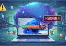 Laptop connected to a large neon data cloud with warning icons and a 500 GB storage indicator, conveying data breach risk and overload in a cyber-themed infographic.