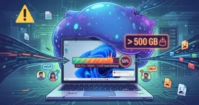 Laptop connected to a large neon data cloud with warning icons and a 500 GB storage indicator, conveying data breach risk and overload in a cyber-themed infographic.