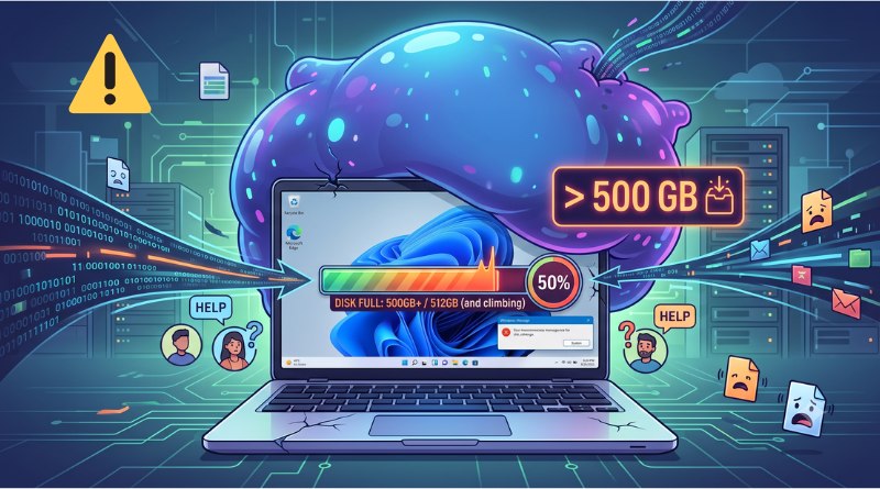 Laptop connected to a large neon data cloud with warning icons and a 500 GB storage indicator, conveying data breach risk and overload in a cyber-themed infographic.