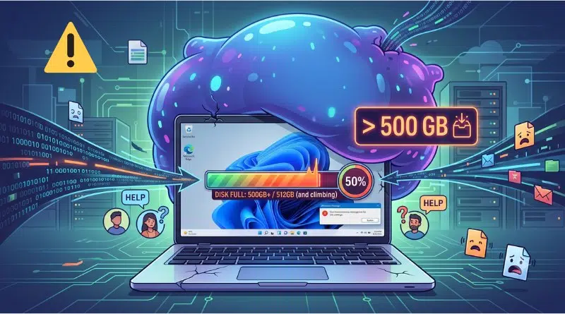 Laptop connected to a large neon data cloud with warning icons and a 500 GB storage indicator, conveying data breach risk and overload in a cyber-themed infographic.