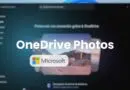 Promo screen for OneDrive Photos with the Microsoft logo, blurred background image behind the text.