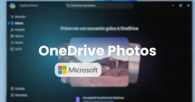Promo screen for OneDrive Photos with the Microsoft logo, blurred background image behind the text.