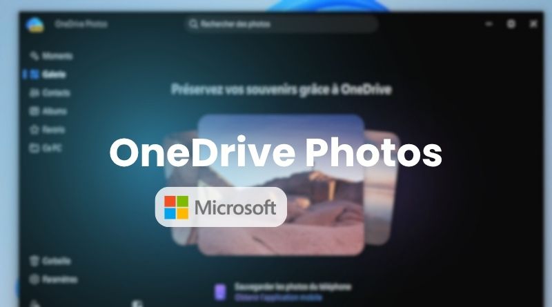 Promo screen for OneDrive Photos with the Microsoft logo, blurred background image behind the text.