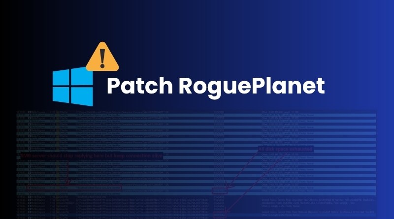 Patch RoguePlanet logo with a Windows-style icon and an orange warning badge on a blue gradient background with faint code lines behind it.