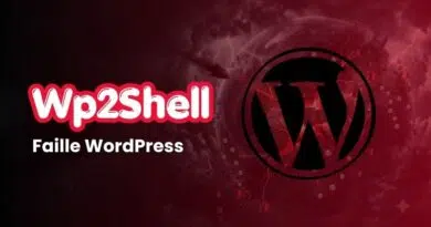 Wp2Shell logo with the text 'Faille WordPress' and a WordPress emblem on a dark red background.