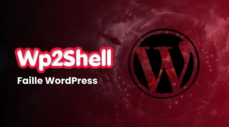 Wp2Shell logo with the text 'Faille WordPress' and a WordPress emblem on a dark red background.