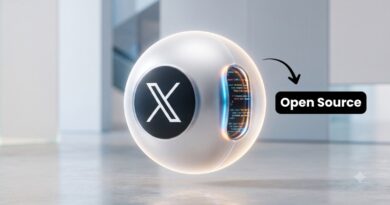 Futuristic white sphere with an X logo and glowing inner panel; an 'Open Source' label points at it.