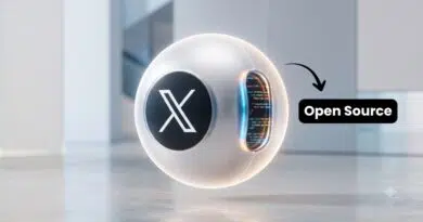 Futuristic white sphere with an X logo and glowing inner panel; an 'Open Source' label points at it.