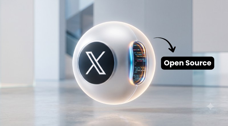 Futuristic white sphere with an X logo and glowing inner panel; an 'Open Source' label points at it.