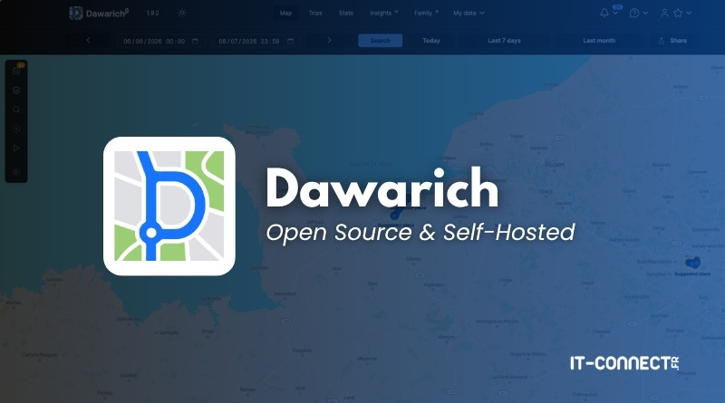 Dawarich logo with the tagline 'Open Source & Self-Hosted' over a blue world-map background.