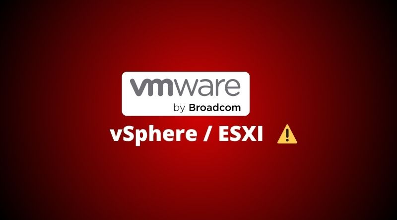 VMware by Broadcom logo with vSphere/ESXi text and a yellow warning triangle on a red gradient background