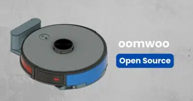 oomwoo: the open-source robot vacuum you can 3D print and build yourself, cloud-free Illustrated robot vacuum cleaner with gray top and blue side panels, next to the brand name 'oomwoo' and a blue 'Open Source' button.