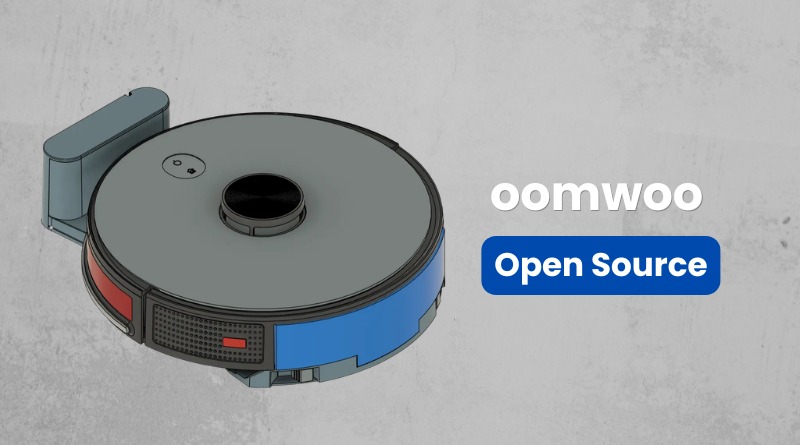 Illustrated robot vacuum cleaner with gray top and blue side panels, next to the brand name 'oomwoo' and a blue 'Open Source' button.