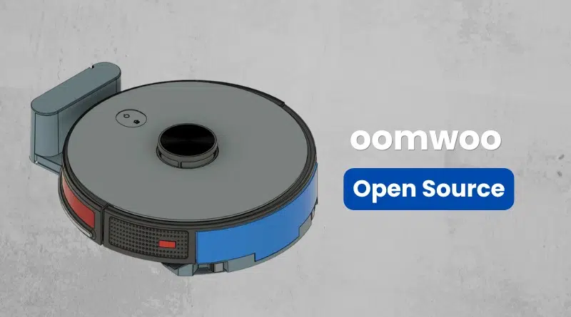 Illustrated robot vacuum cleaner with gray top and blue side panels, next to the brand name 'oomwoo' and a blue 'Open Source' button.