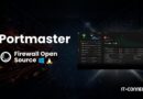 Portmaster logo with 'Firewall Open Source' slogan and a dark UI screenshot on the right; IT-CONNECT watermark in the corner.