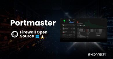 Portmaster logo with 'Firewall Open Source' slogan and a dark UI screenshot on the right; IT-CONNECT watermark in the corner.