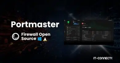 Portmaster logo with 'Firewall Open Source' slogan and a dark UI screenshot on the right; IT-CONNECT watermark in the corner.