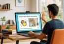 Person sits at a wooden desk using a laptop with a Recaptcha screen asking to wave a hand to verify you're human; camera above laptop.