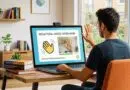 Person sits at a wooden desk using a laptop with a Recaptcha screen asking to wave a hand to verify you're human; camera above laptop.