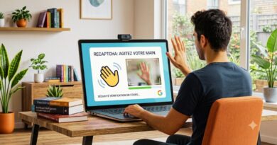 Person sits at a wooden desk using a laptop with a Recaptcha screen asking to wave a hand to verify you're human; camera above laptop.