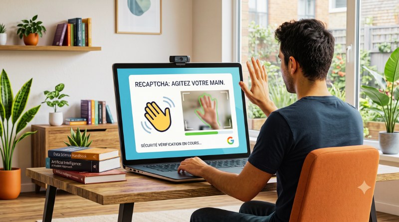 Person sits at a wooden desk using a laptop with a Recaptcha screen asking to wave a hand to verify you're human; camera above laptop.