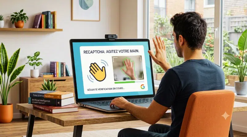 Person sits at a wooden desk using a laptop with a Recaptcha screen asking to wave a hand to verify you're human; camera above laptop.