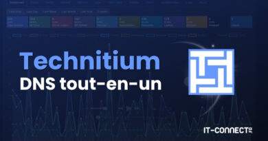 Banner showing 'Techninitium DNS tout-en-un' in blue and white on a dark blue network graph background, with a blue square logo on the right and IT-CONNECT.FR watermark in the corner.